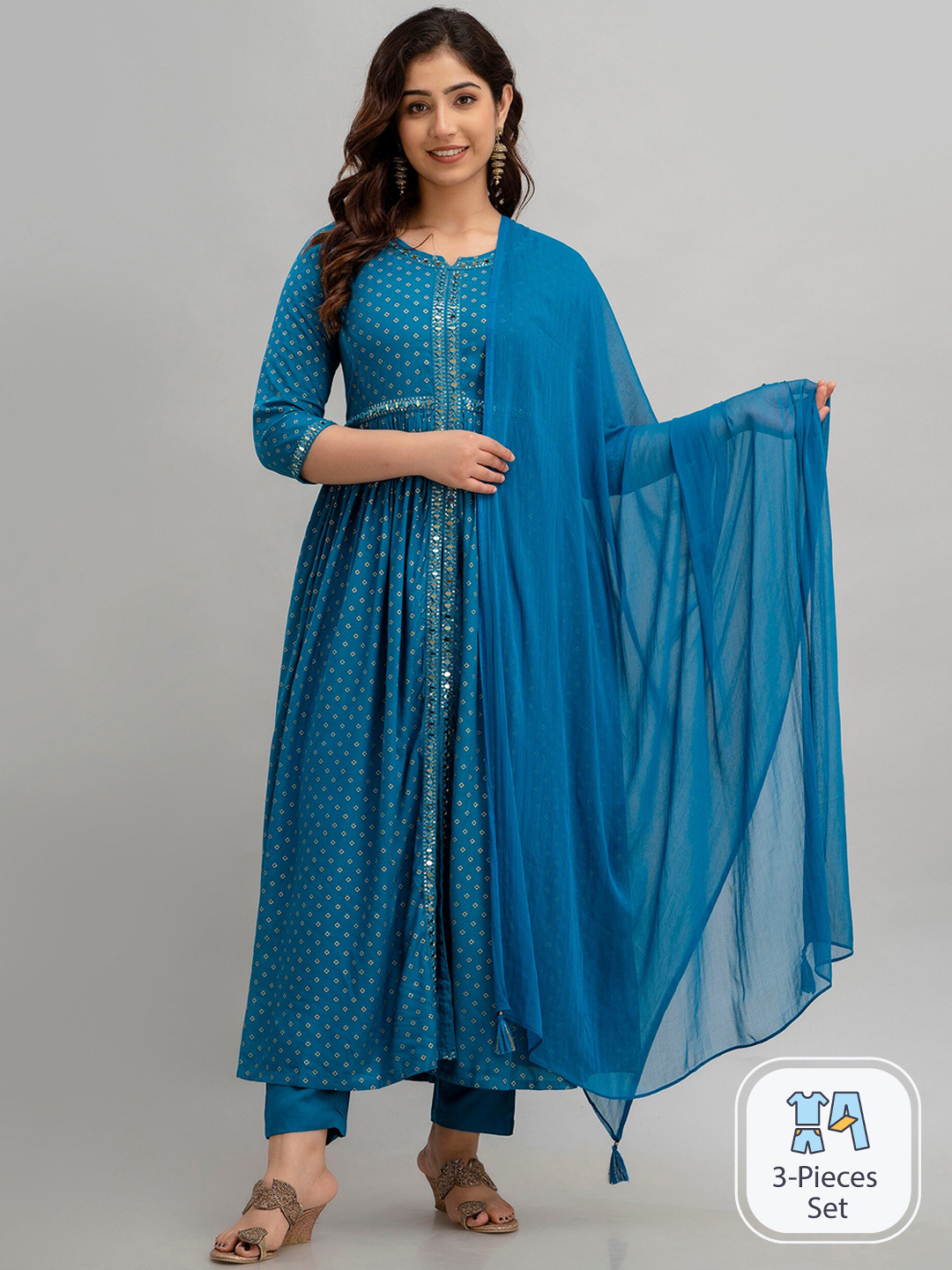 

Charu Ethnic Motifs Woven Design Pleated Mirror Work Kurta with Trousers & Dupatta, Turquoise blue