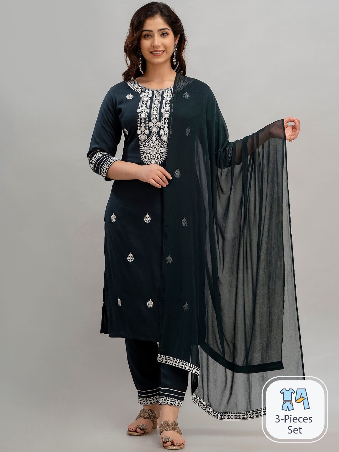 

Charu Ethnic Motifs Embroidered Kurta with Trousers & Dupatta, Teal