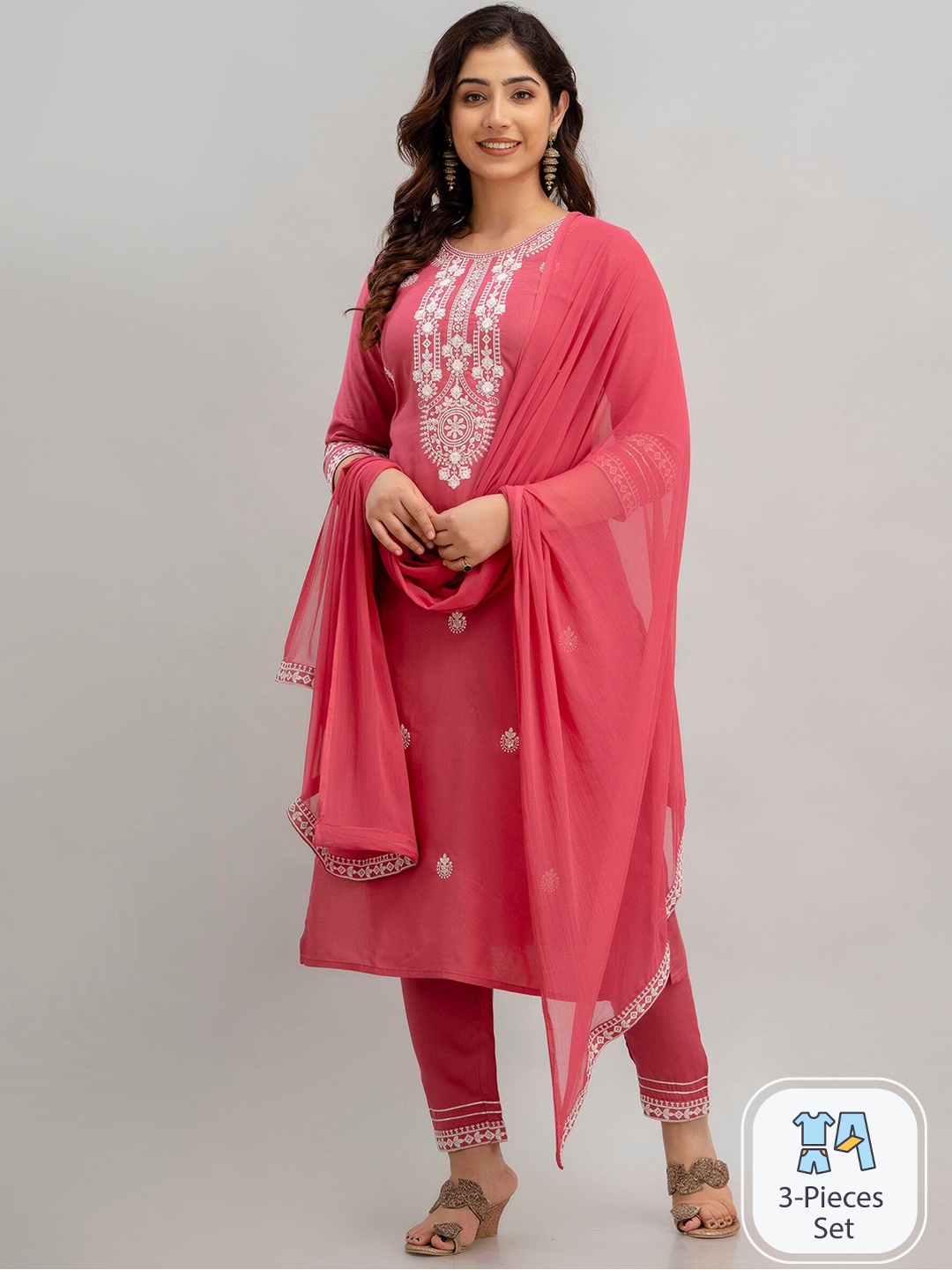 

Charu Ethnic Motifs Embroidered Kurta with Trousers & Dupatta, Pink