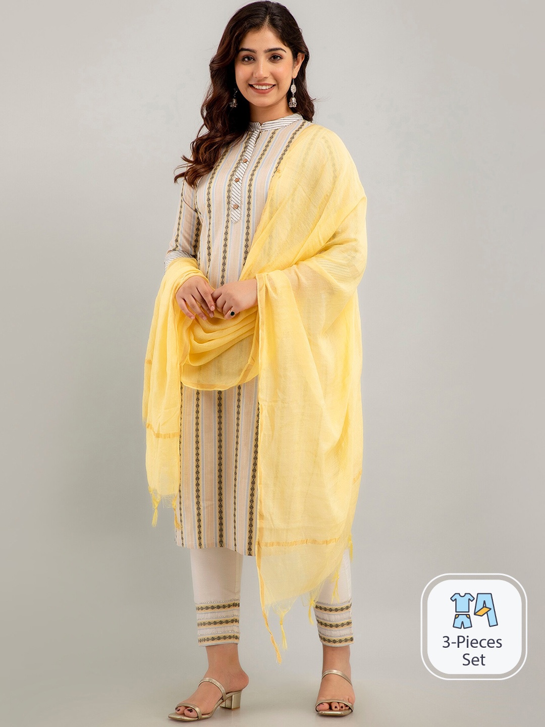 

Charu Striped Woven Design Gotta Patti Kurta with Trousers & Dupatta, Yellow