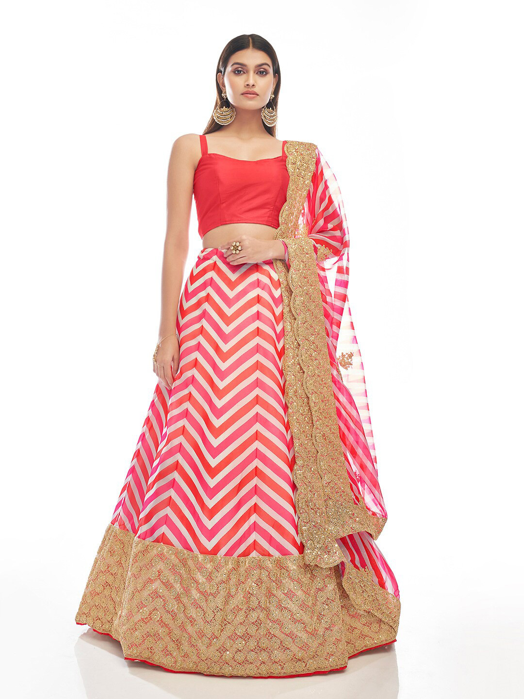 

Fusionic Embroidered Semi-Stitched Organza Lehenga & Unstitched Blouse With Dupatta, Pink