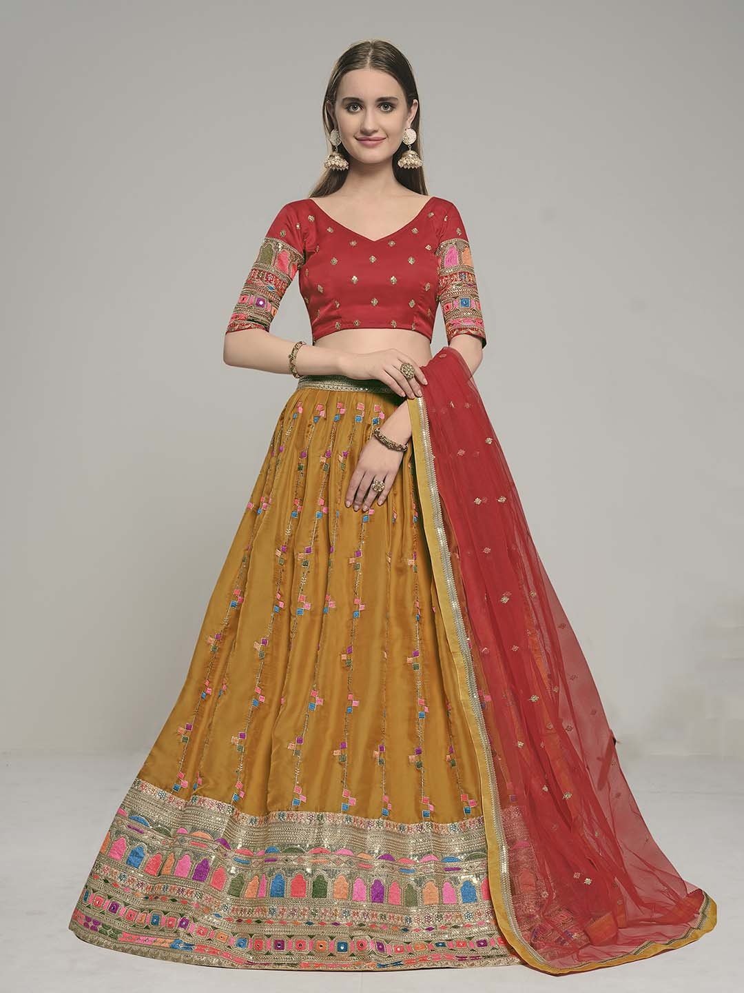 

Fusionic Ethnic Motif Embroidered Semi-Stitched Lehenga & Unstitched Blouse With Dupatta, Mustard