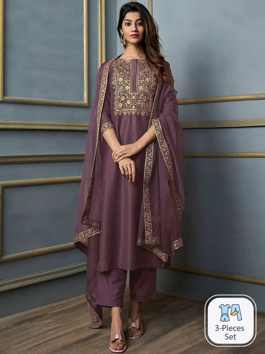 

Inddus Floral Yoke Design Thread Work Kurta With Trousers & With Dupatta, Mauve