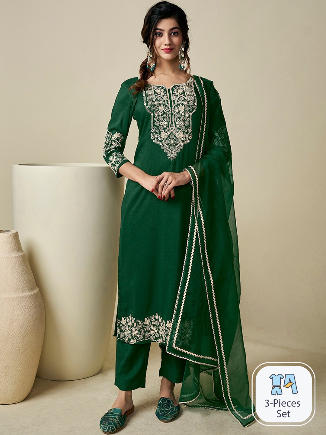 

Inddus Floral Embroidered Thread Work Kurta with Trousers & With Dupatta, Green