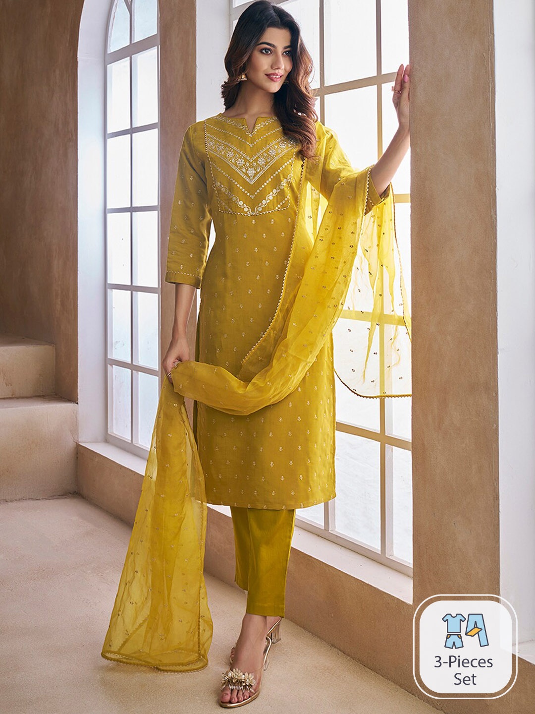 

Inddus Ethnic Motifs Embroidered Chanderi Cotton Kurta With Trousers & With Dupatta, Mustard