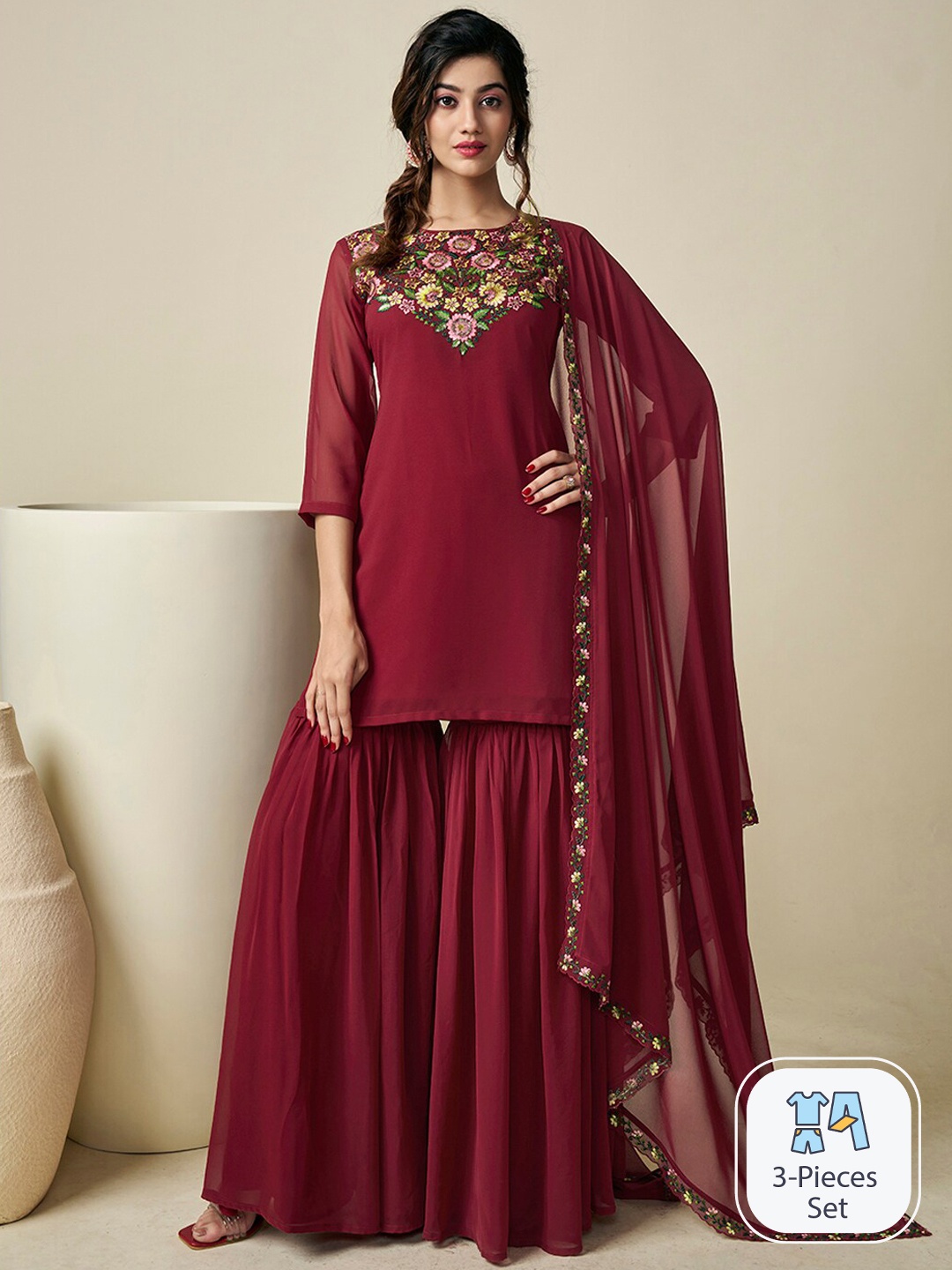 

Inddus Floral Embroidered Regular Thread Work Georgette Kurta with Sharara & With Dupatta, Maroon