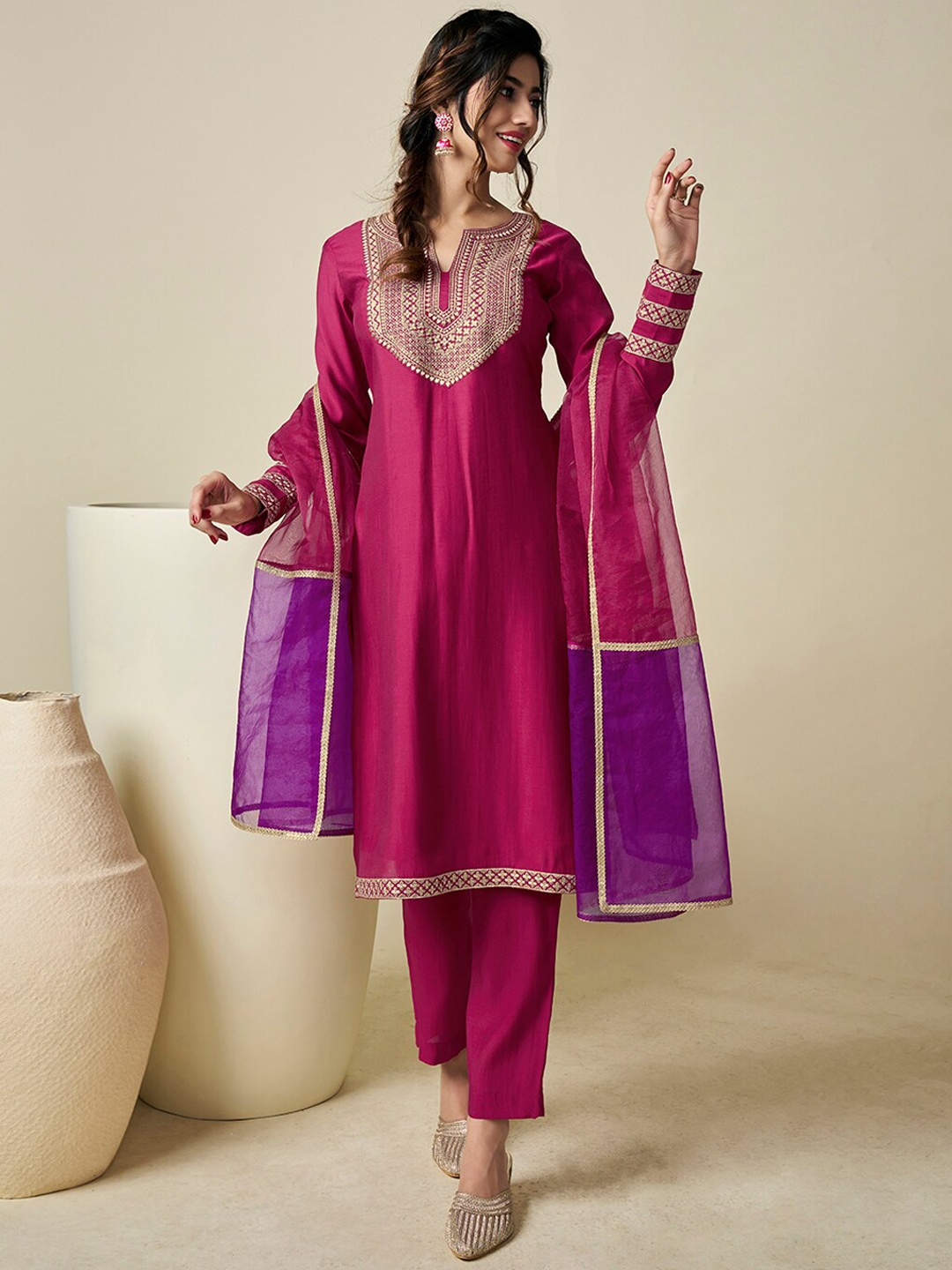 

Inddus Yoke Design Regular Thread Work Chanderi Cotton Kurta with Trousers & With Dupatta, Magenta