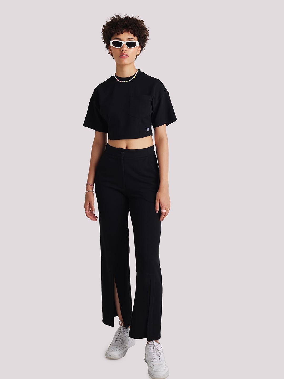 

Muvazo High Neck Extended Sleeves Crop Top, Black
