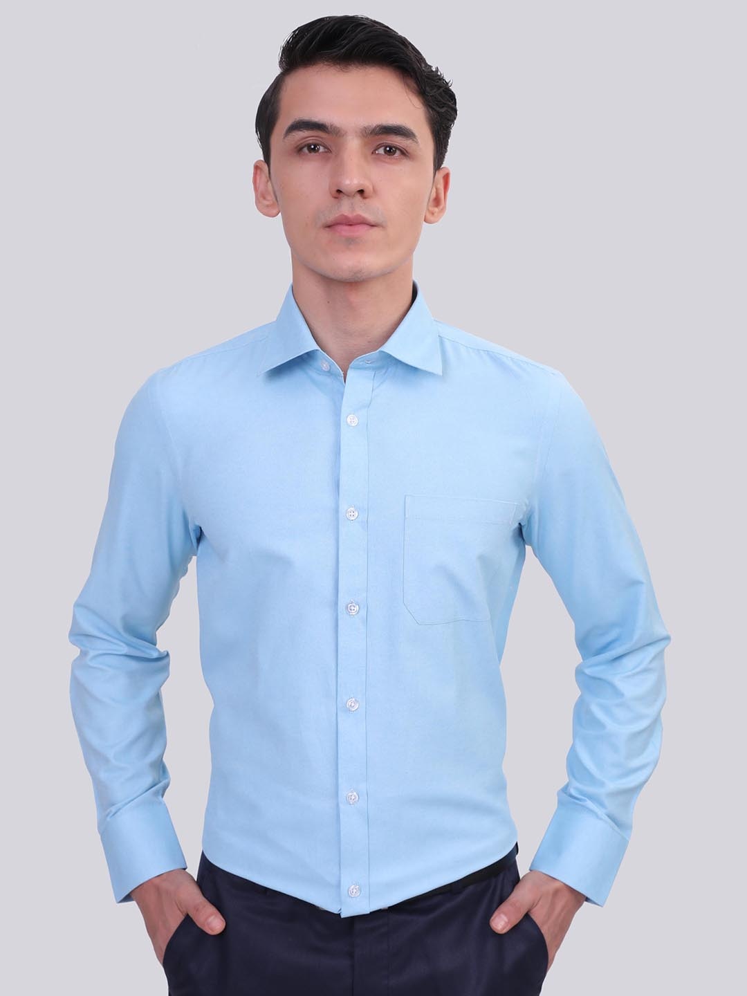 

MUTAQINOTI Comfort Spread Collar Long Sleeve Cotton Formal Shirt, Blue