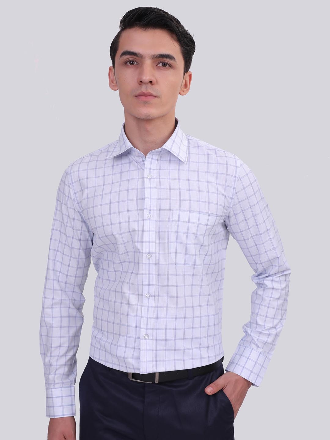 

MUTAQINOTI Comfort Windowpane Checks Spread Collar Cotton Formal Shirt, Blue
