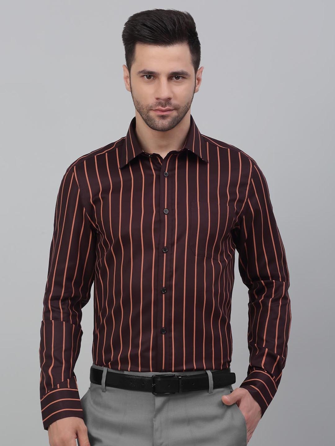 

MUTAQINOTI Comfort Striped Cotton Formal Shirt, Maroon