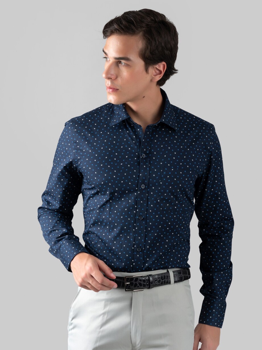 

MUTAQINOTI Comfort Opaque Micro Ditsy Printed Cotton Formal Shirt, Navy blue