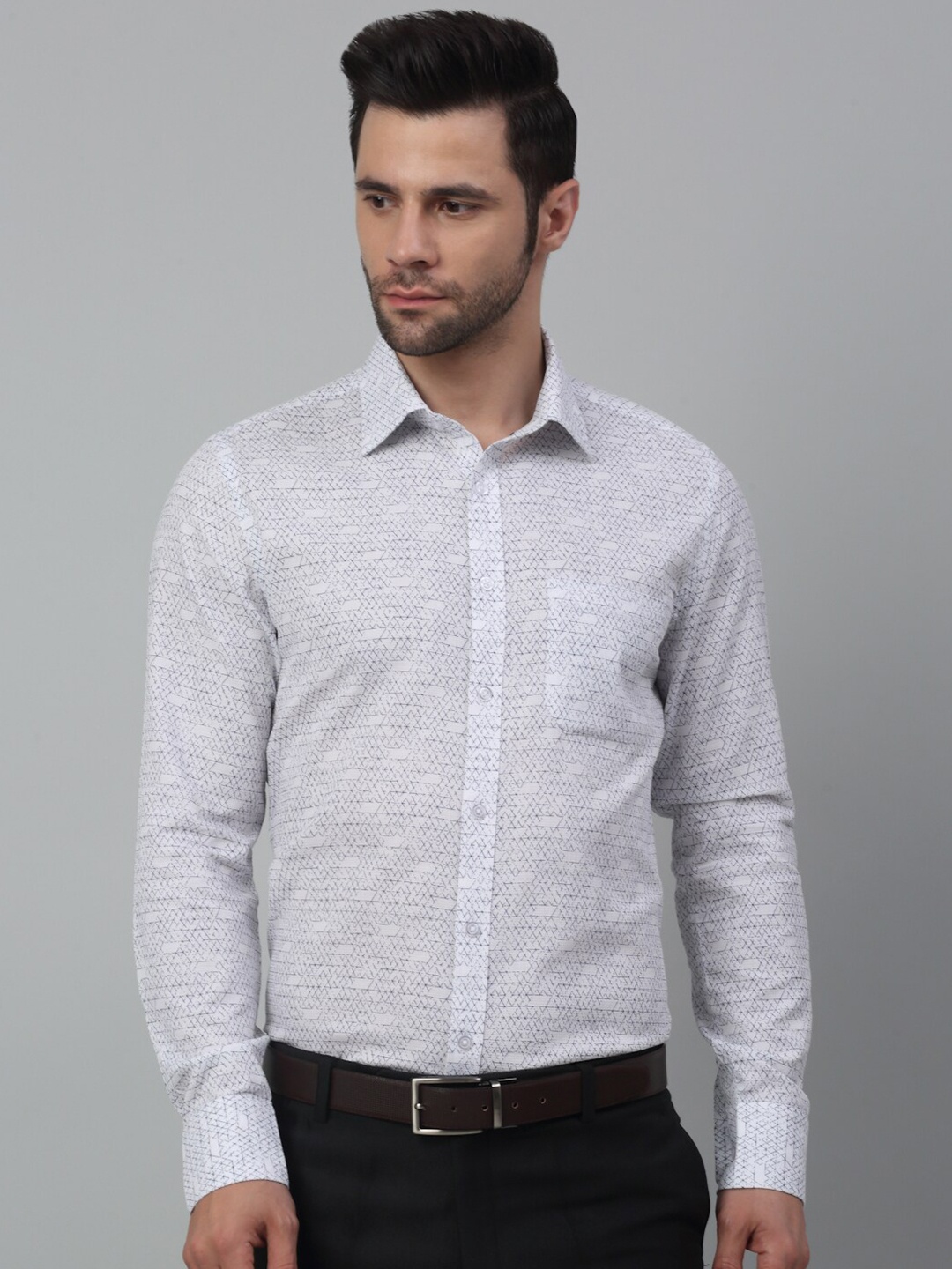 MUTAQINOTI Men Comfort Geometric Printed Cotton Formal Shirt, White