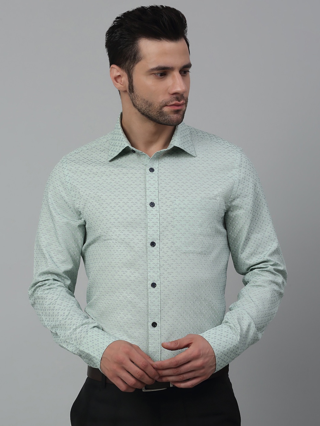 MUTAQINOTI Comfort Opaque Micro Ditsy Printed Cotton Formal Shirt, Green