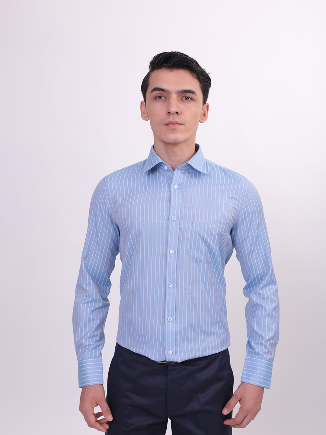 MUTAQINOTI Vertical Stripes Comfort Opaque Cotton Formal Shirt, Blue