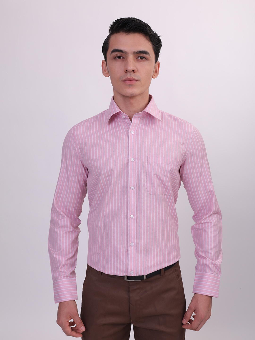 

MUTAQINOTI Vertical Stripes Comfort Opaque Cotton Formal Shirt, Pink