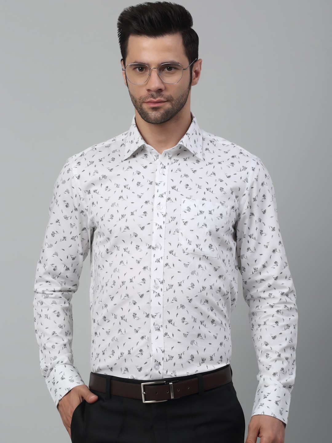 MUTAQINOTI Comfort Floral Printed Opaque Cotton Formal Shirt, White