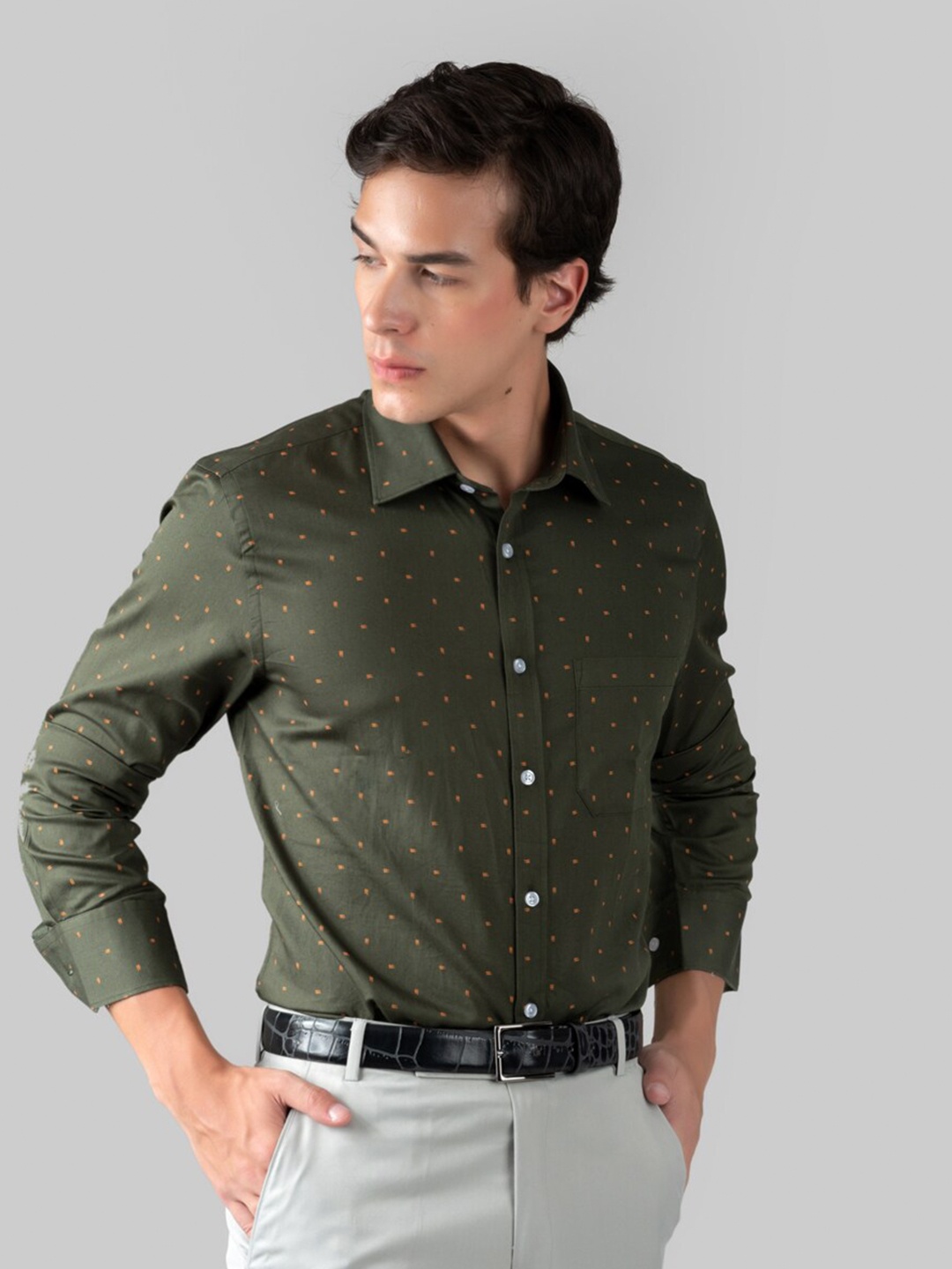 

MUTAQINOTI Men Comfort Printed Cotton Formal Shirt, Olive