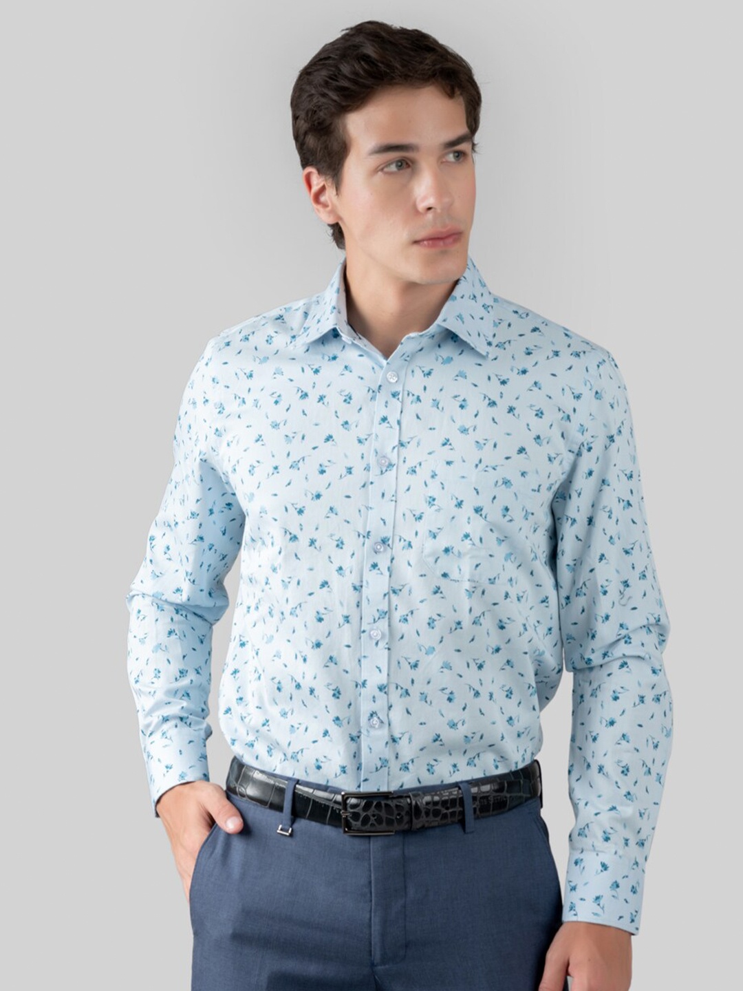 

MUTAQINOTI Comfort Floral Opaque Printed Cotton Formal Shirt, Blue