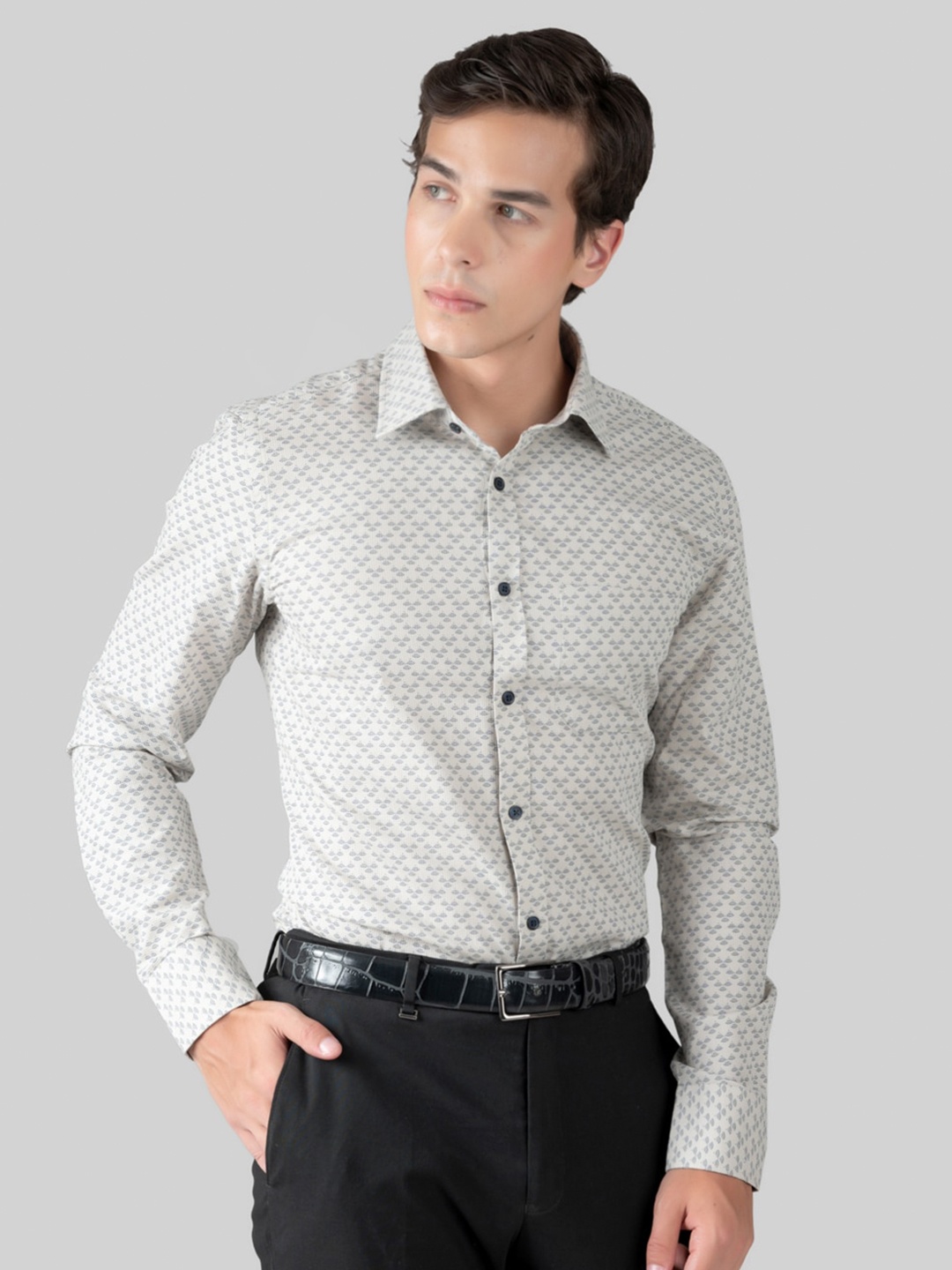 

MUTAQINOTI Comfort Opaque Geometric Printed Cotton Formal Shirt, Brown