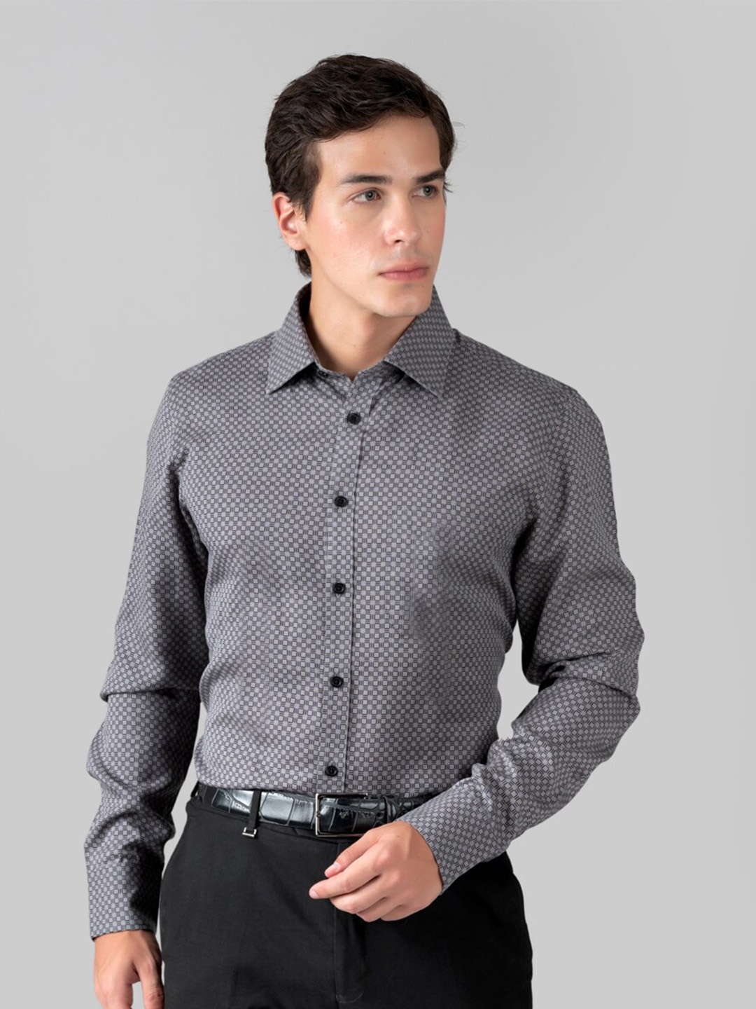 

MUTAQINOTI Comfort Regular Fit Geometric Printed Cotton Formal Shirt, Grey