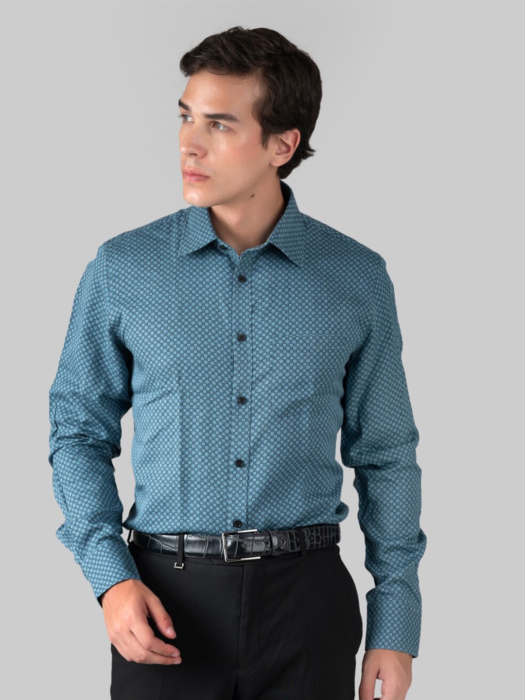 

MUTAQINOTI Comfort Regular Fit Geometric Printed Cotton Formal Shirt, Blue