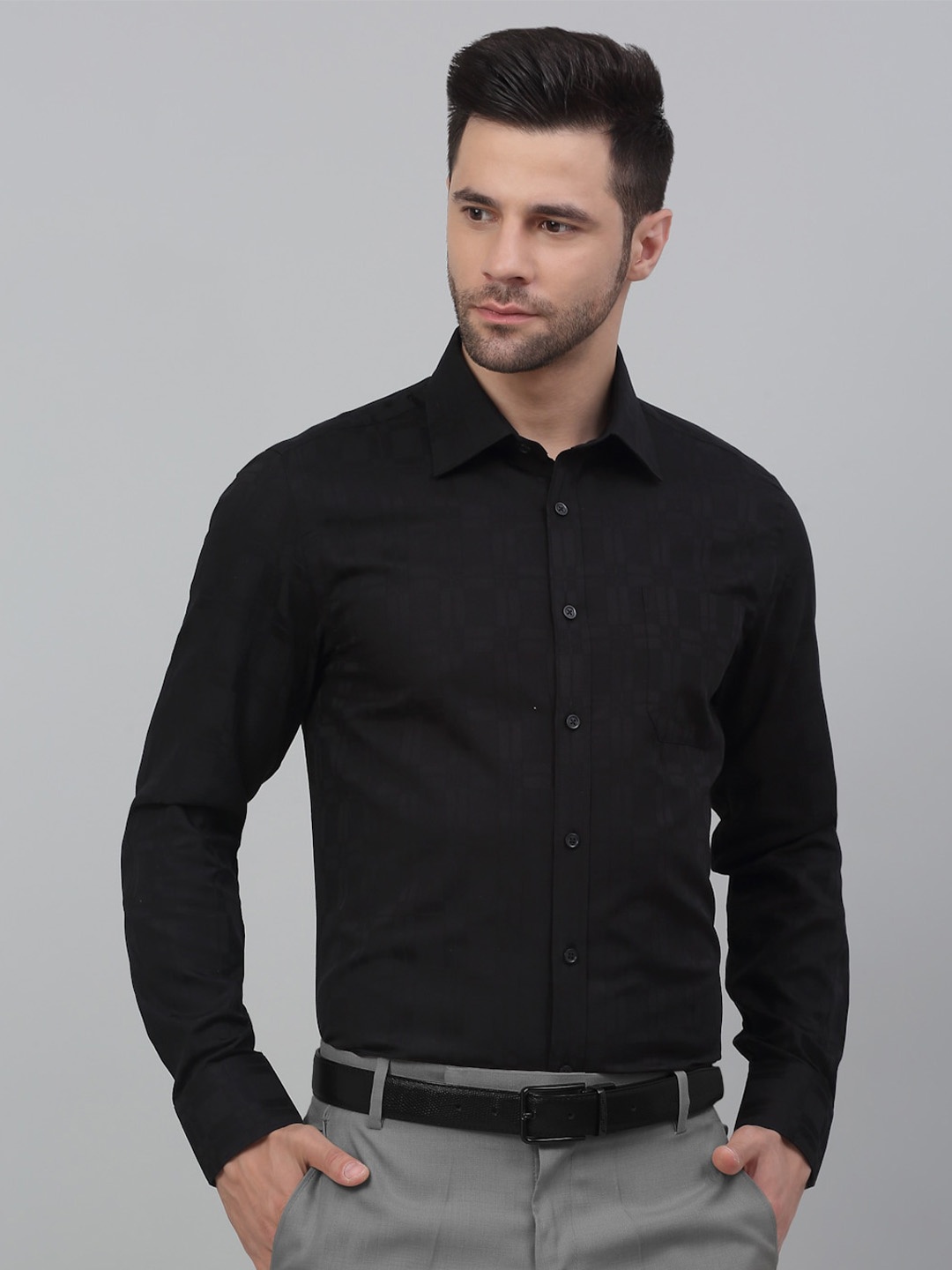 

MUTAQINOTI Comfort Regular Fit Geometric Printed Cotton Formal Shirt, Black