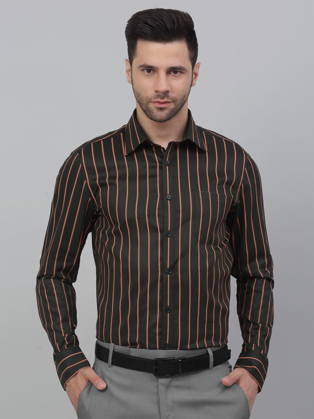 

MUTAQINOTI Comfort Fit Vertical Striped Cotton Formal Shirt, Green