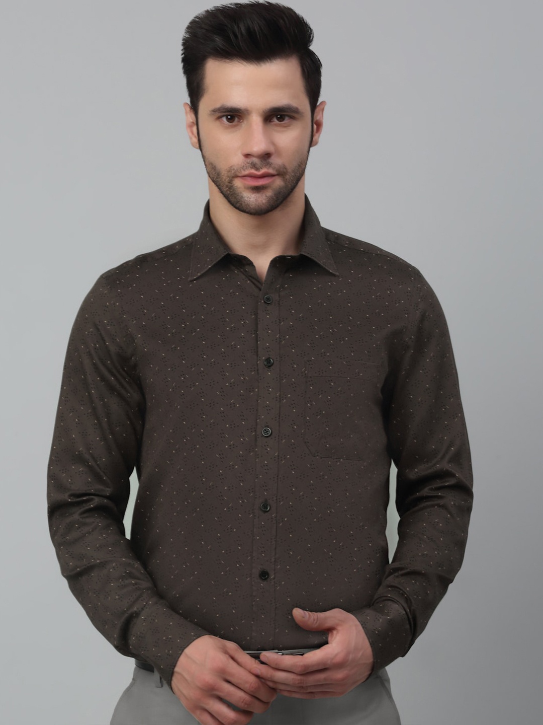

MUTAQINOTI Comfort Opaque Micro Ditsy Printed Cotton Formal Shirt, Brown