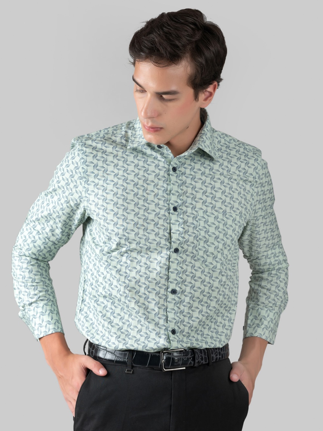 MUTAQINOTI Men Comfort Printed Cotton Formal Shirt, Green