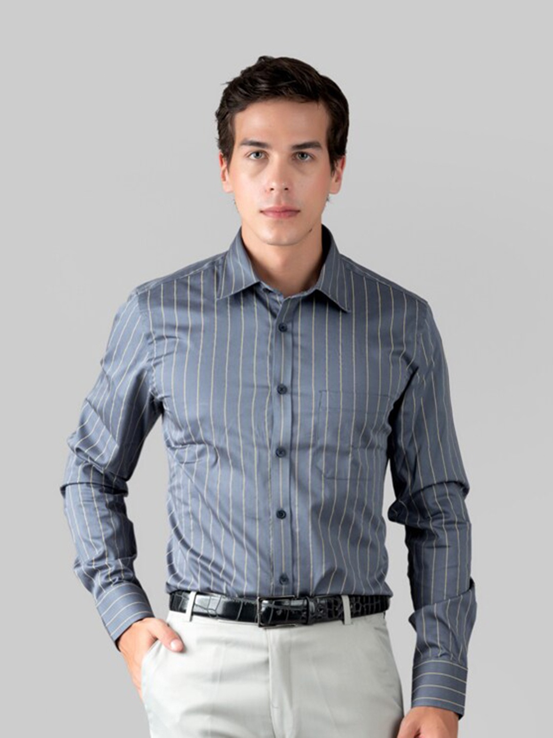 

MUTAQINOTI Comfort Opaque Striped Cotton Formal Shirt, Grey