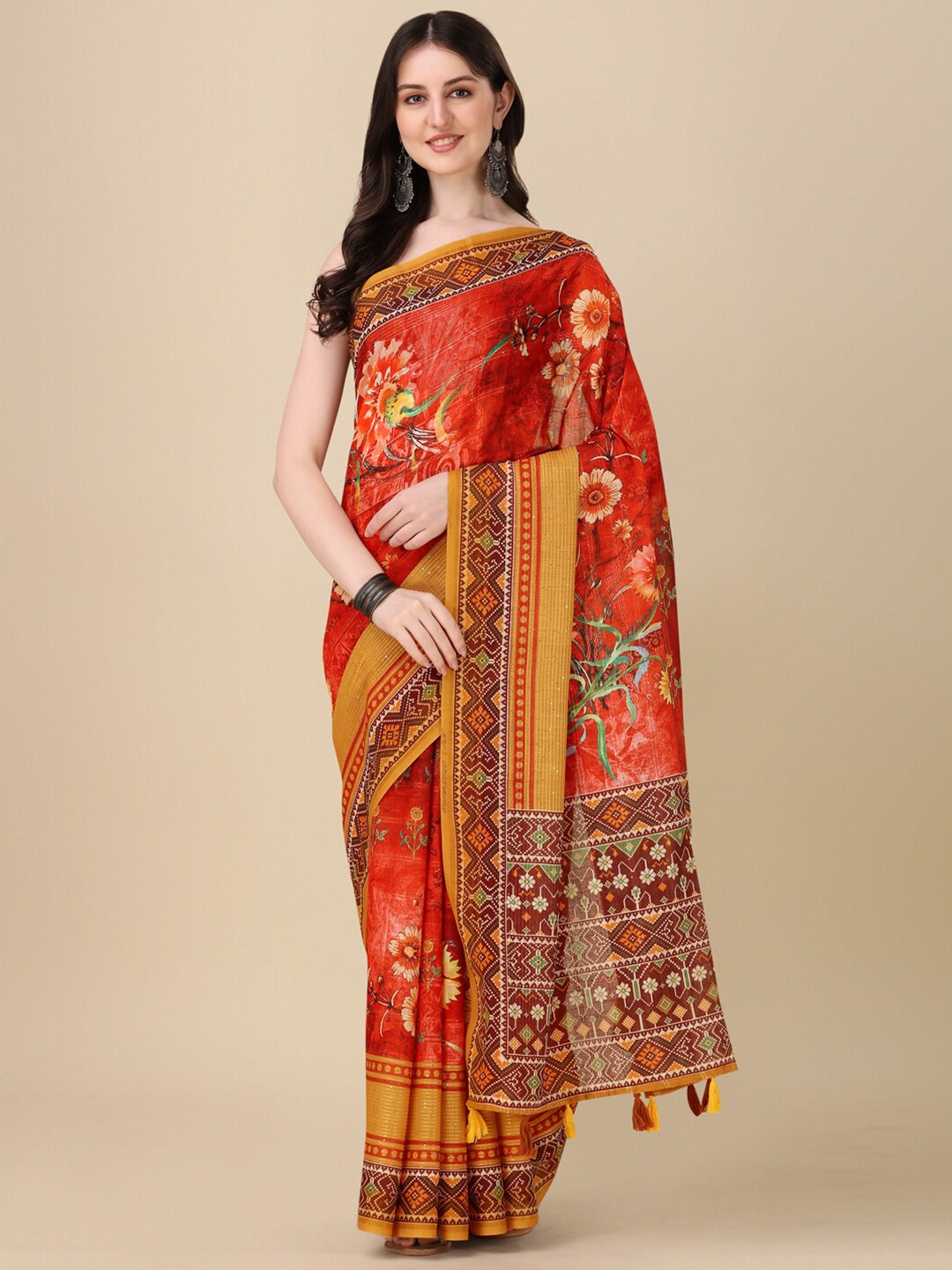 

Kaizen TEXO FAB Floral Printed Tussar Saree, Red