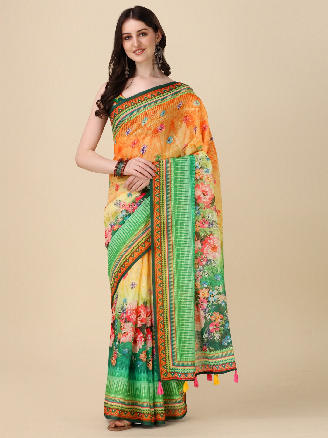 

Kaizen TEXO FAB Floral Printed Tussar Saree, Green