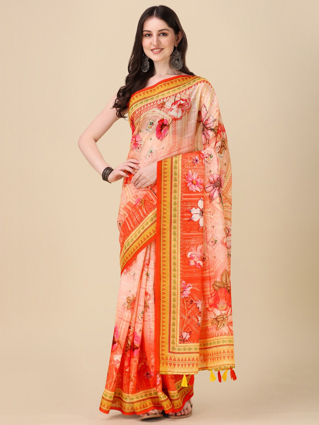 

Kaizen TEXO FAB Floral Printed Tussar Saree, Orange