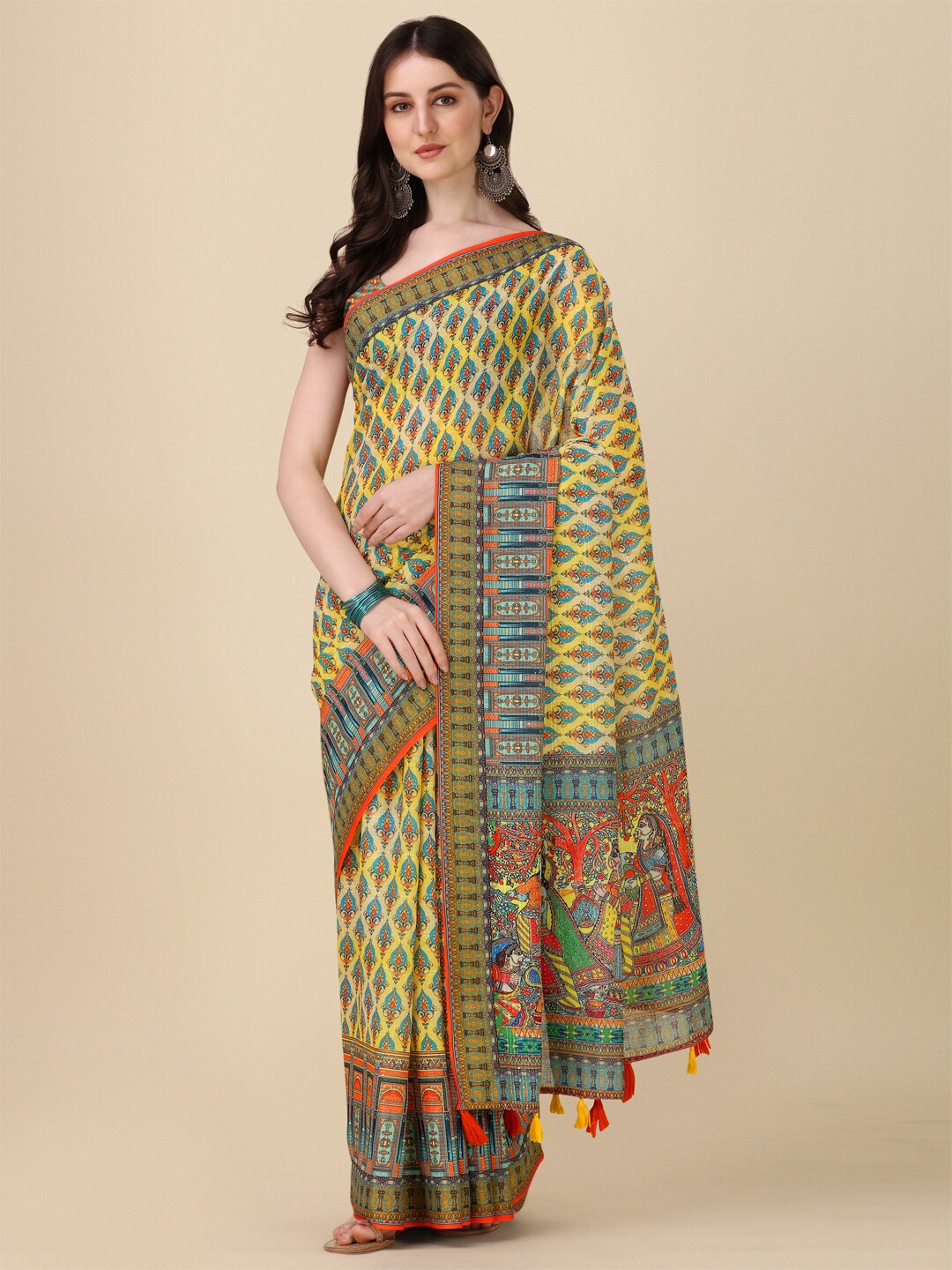 

Kaizen TEXO FAB Ethnic Motifs Printed Tussar Saree, Green