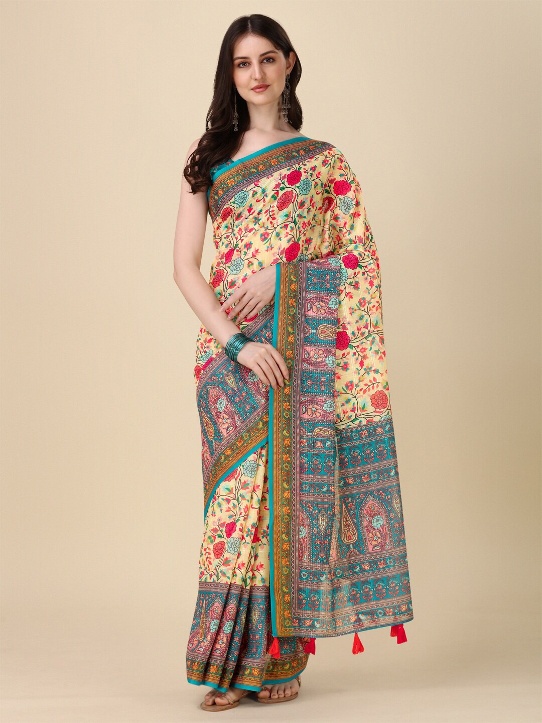 

Kaizen TEXO FAB Cream-Coloured & Red Floral Tussar Saree