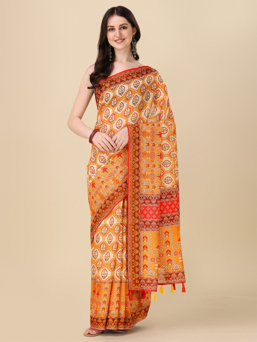 

Kaizen TEXO FAB Ethnic Motifs Printed Tussar Saree, Orange