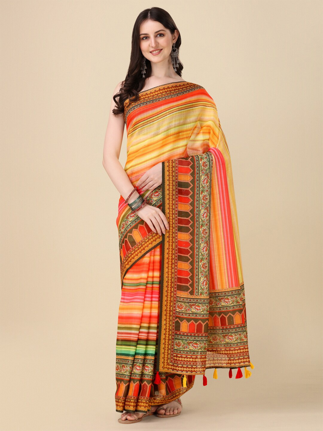 

Kaizen TEXO FAB Ethnic Motifs Printed Tussar Saree, Red