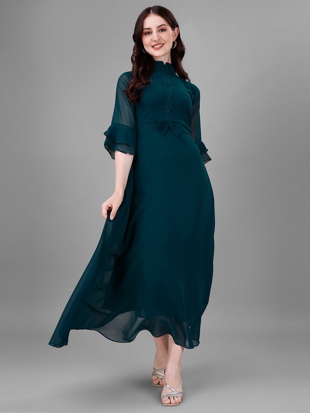 

Femvy High Neck Bell Sleeve Fit & Flare Maxi Dresses, Blue
