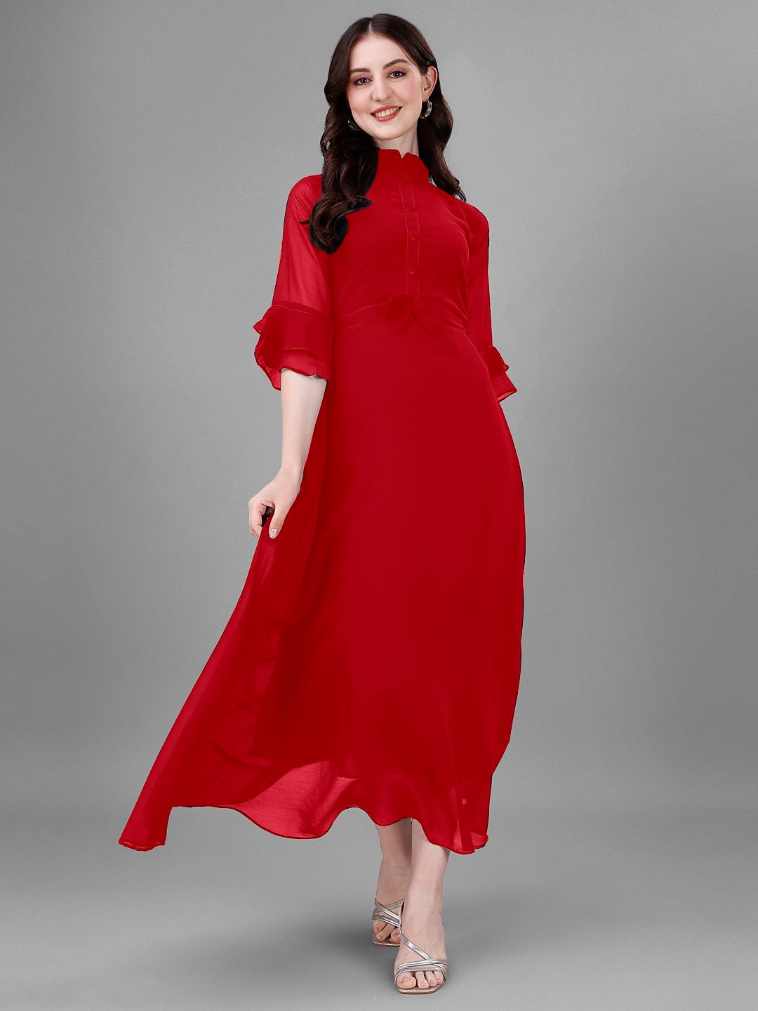 

Femvy High Neck Bell Sleeve Fit & Flare Maxi Dresses, Red