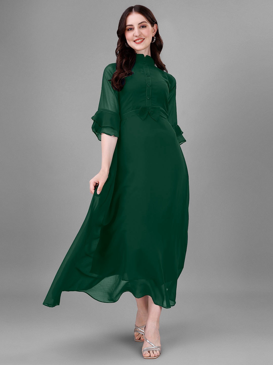 

Femvy High Neck Bell Sleeve Fit & Flare Maxi Dresses, Green