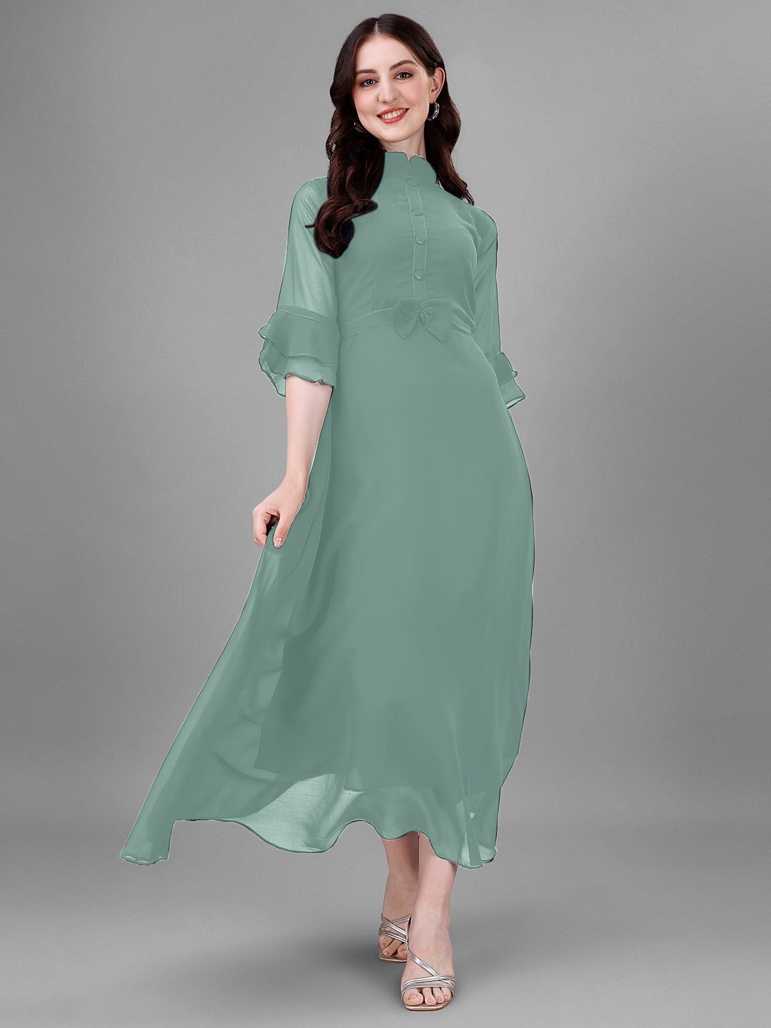 

Femvy High Neck Bell Sleeves Tie-Ups Detail Georgette Maxi Dress, Lime green
