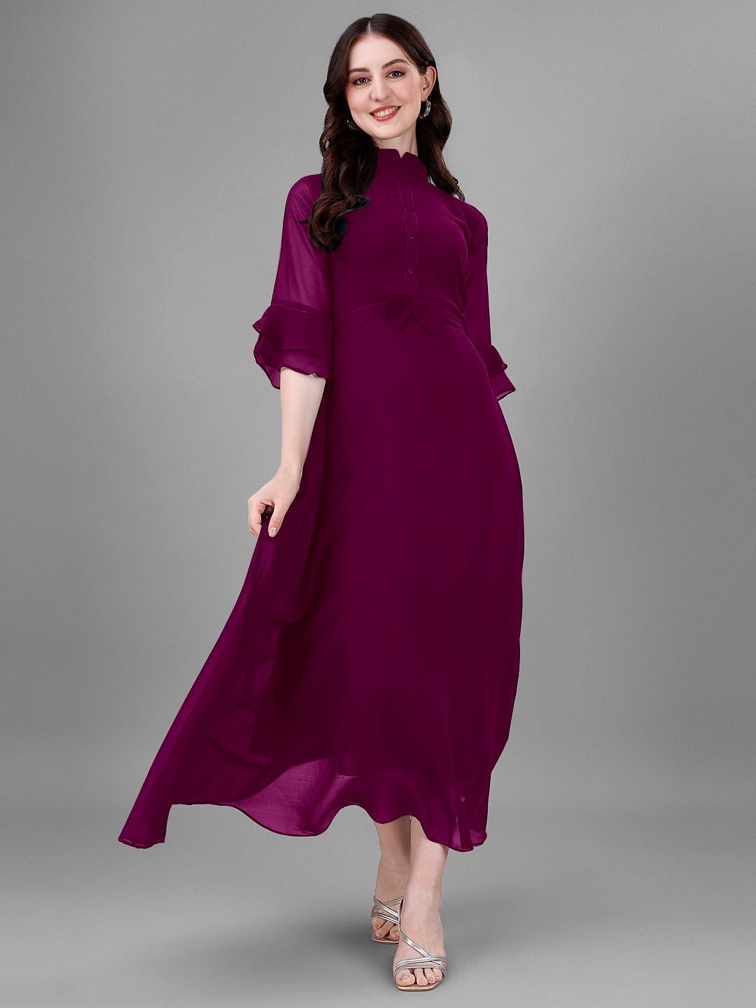 

Femvy High Neck Bell Sleeve Fit & Flare Maxi Dresses, Magenta