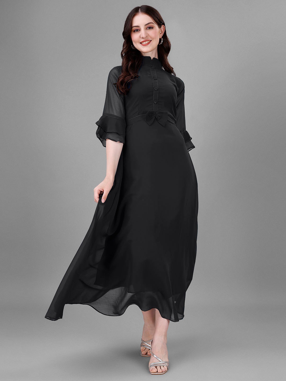 

Femvy High Neck Bell Sleeve Fit & Flare Maxi Dresses, Black