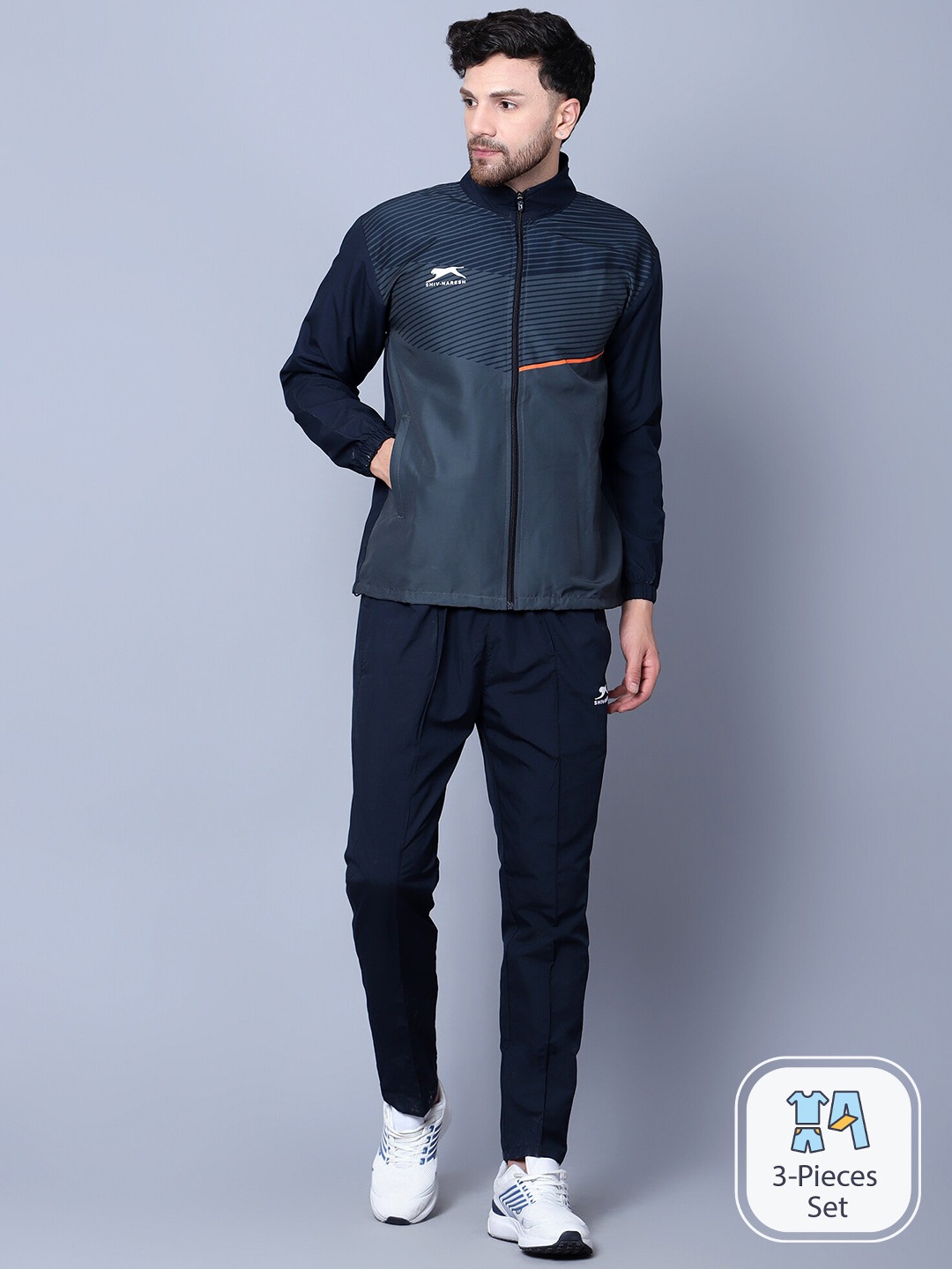 

Shiv Naresh Men Striped Jacket And Pant Tracksuits, Navy blue