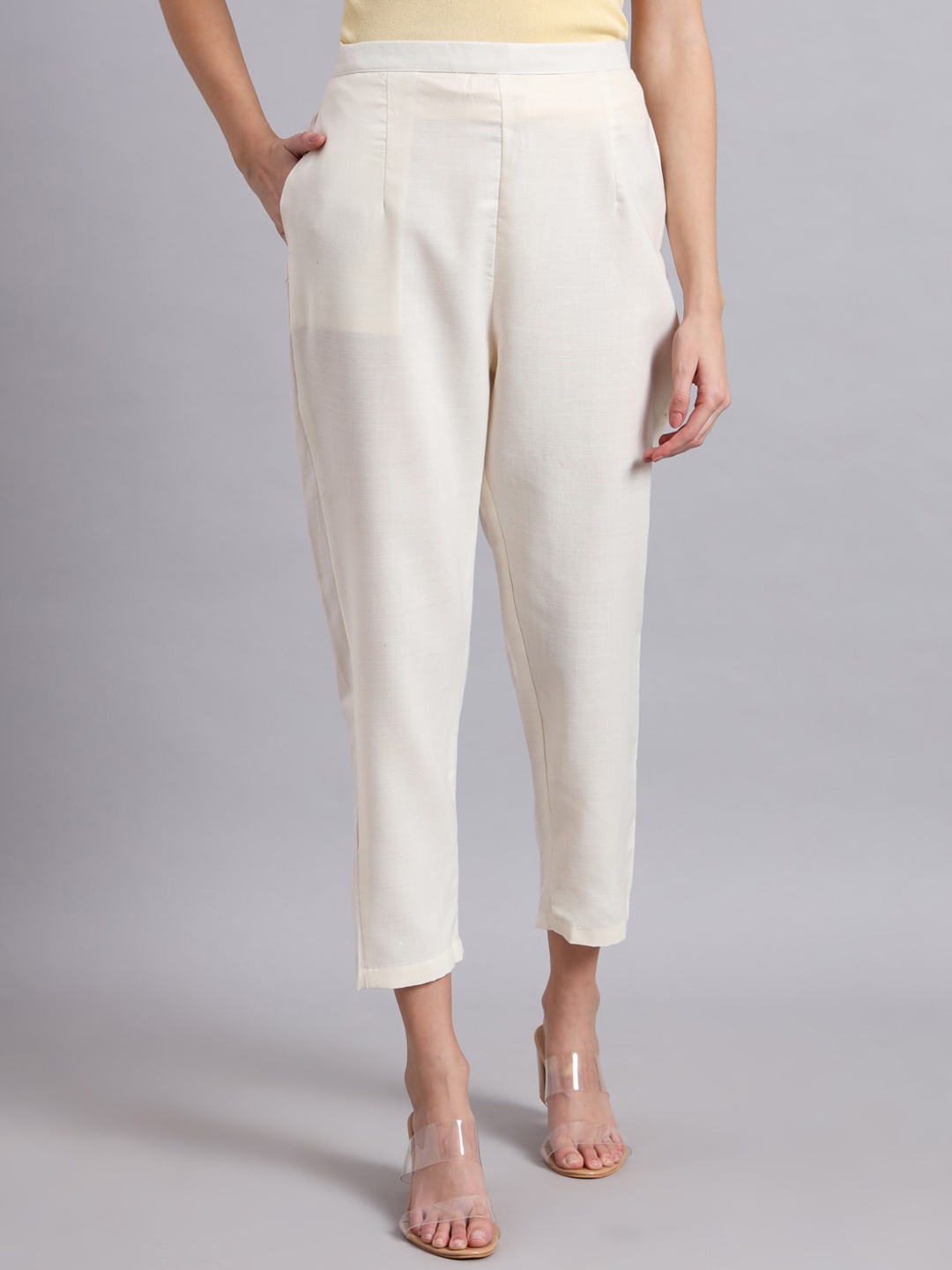 

Kiwie Original Slim Fit Mid-Rise Pleated Cotton Cropped Cigarette Trousers, White