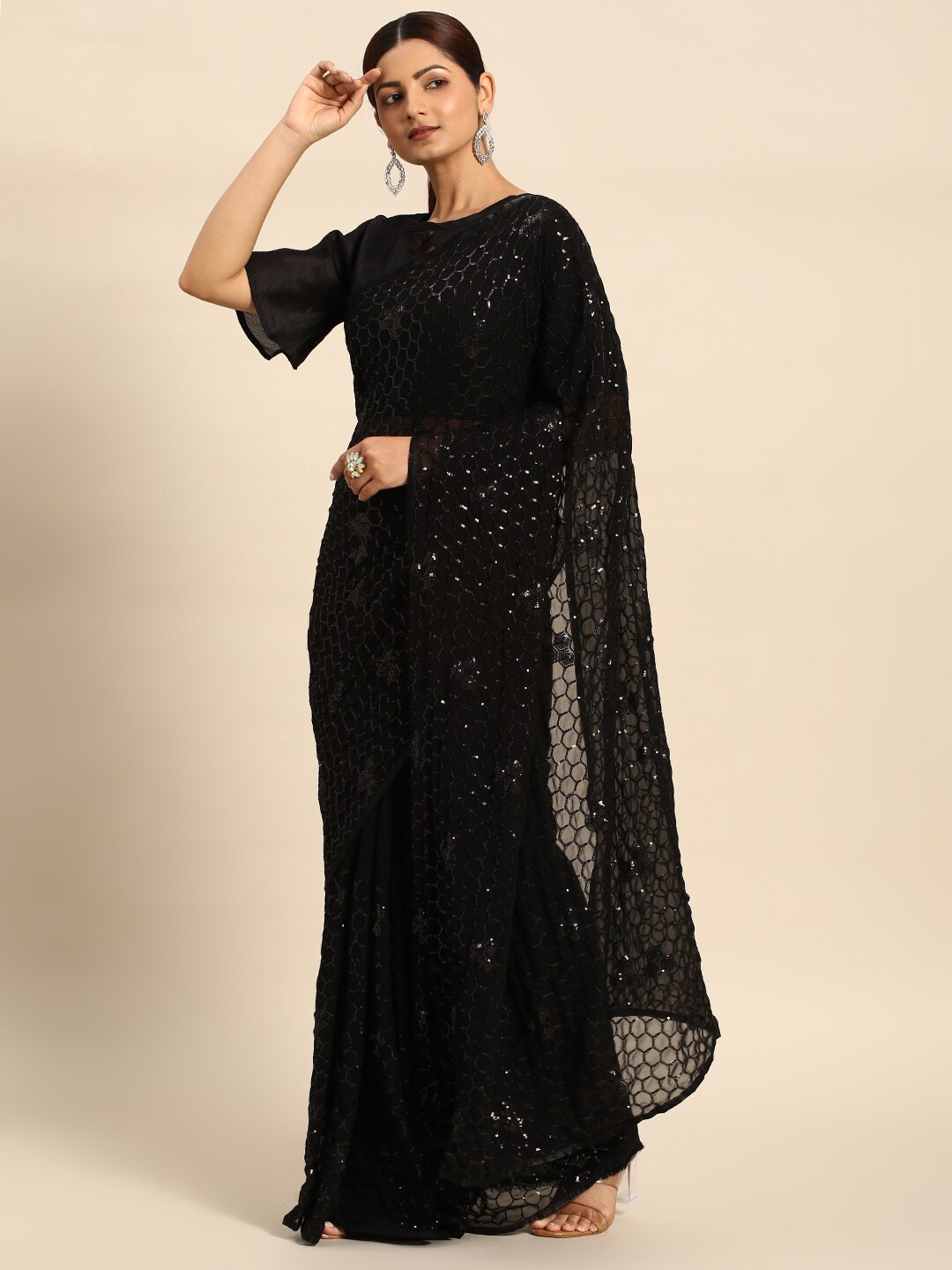

Mitera Embroidered Embellished Sequined Pure Georgette Saree, Black