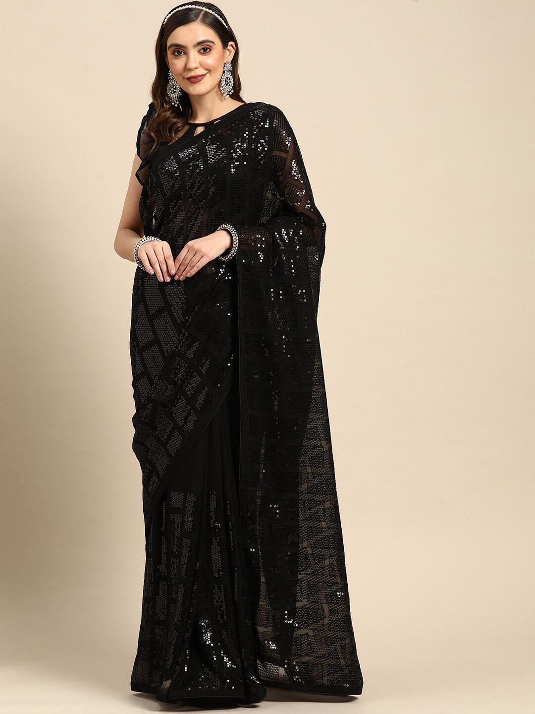 

Mitera Embellished Sequinned Pure Georgette Saree, Black