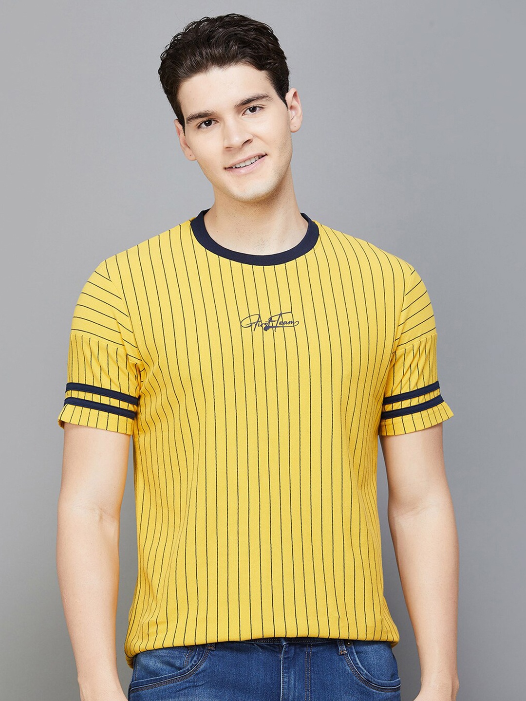 

Fame Forever by Lifestyle Striped Drop-Shoulder Sleeves Cotton Casual T-shirt, Yellow