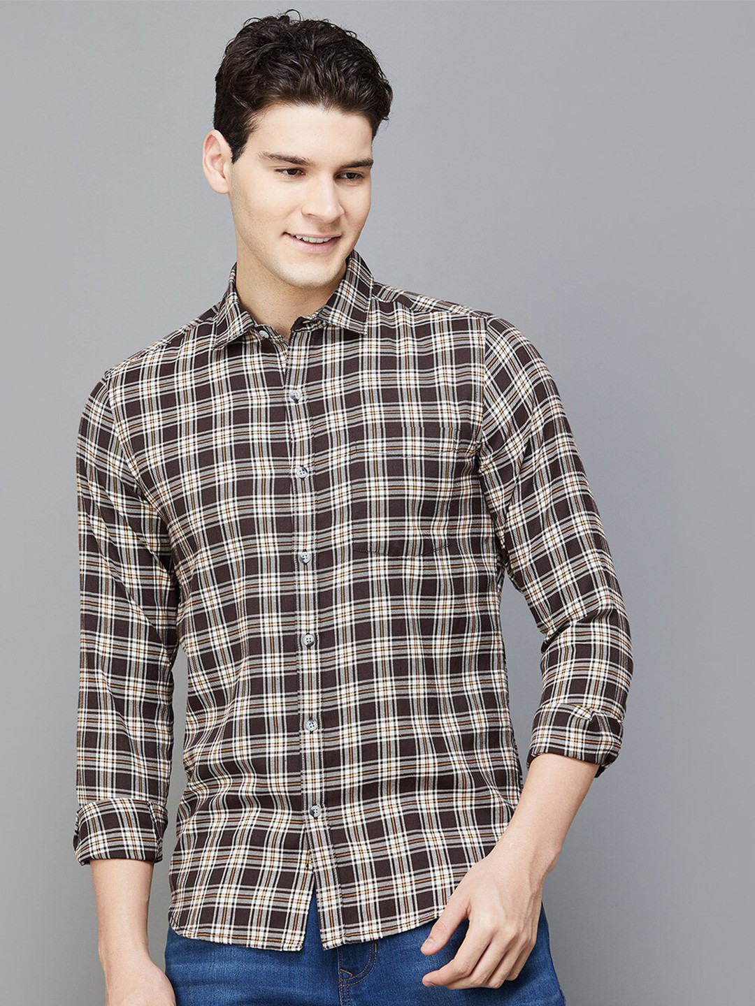 

Fame Forever by Lifestyle Tartan Checked Slim Fit Opaque Cotton Casual Shirt, Brown